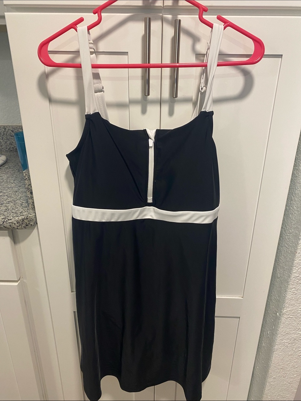 Lands' End Black and White Tank Swimdress with Front Zip